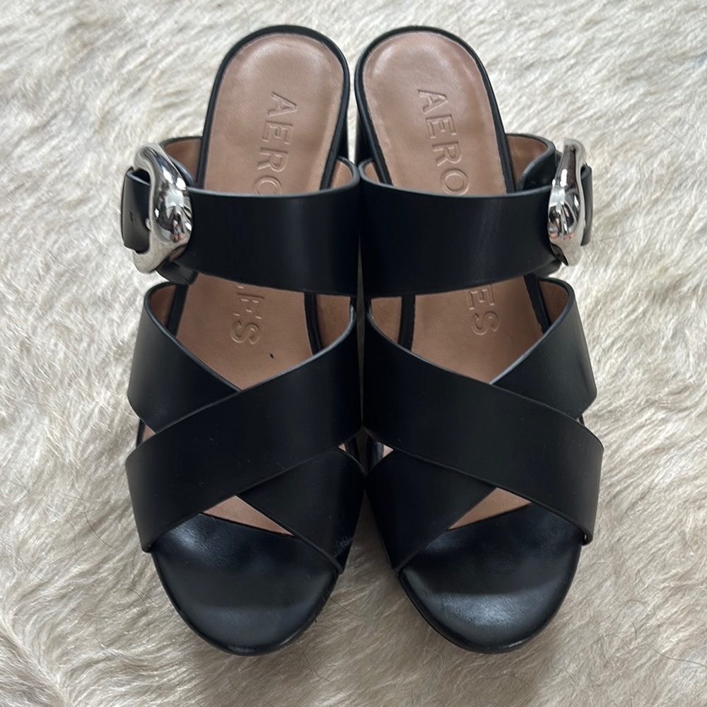 AEROSOLES Black Mules with Crisscross Straps